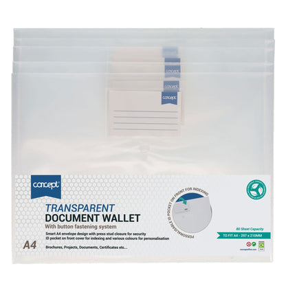 Concept A4 Clear Button Wallets Pack of 5 - ABC School Supplies