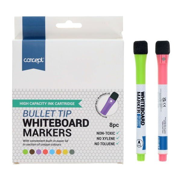 Concept Bullet Tip Whiteboard Markers With Eraser Lid - Assorted Colours Pack of 8 - ABC School Supplies