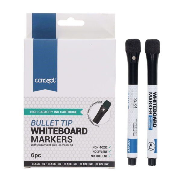 Concept Bullet Tip Whiteboard Markers With Eraser Lid - Black Pack of 6 - ABC School Supplies