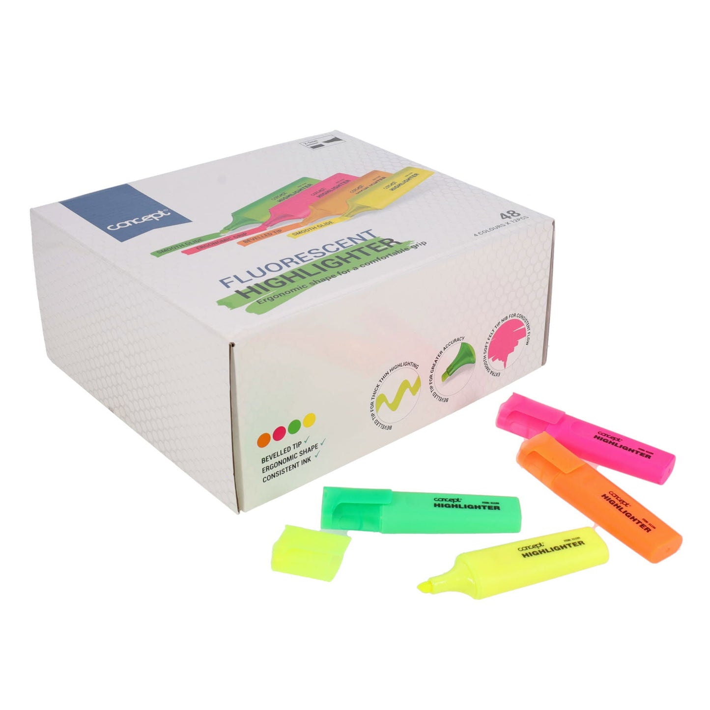 Concept Chisel Tip Highlighters Assorted Pastel Colours - Pack of 48 - ABC School Supplies