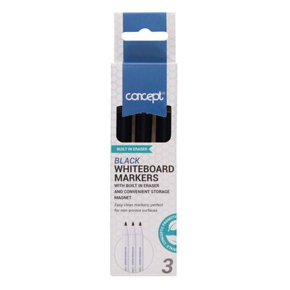 Concept Drywipe Markers Pack Of 3 With Eraser Lid - Black - ABC School Supplies