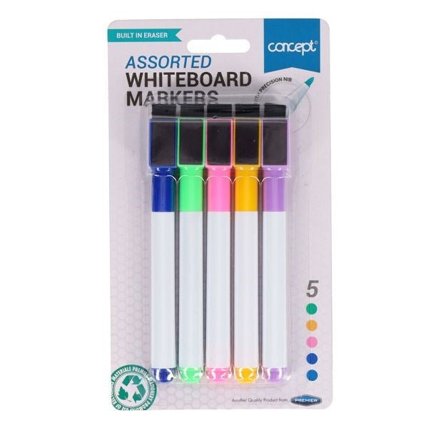 Concept Drywipe Markers Pack Of 5 With Eraser Lid - Assorted Colours - ABC School Supplies