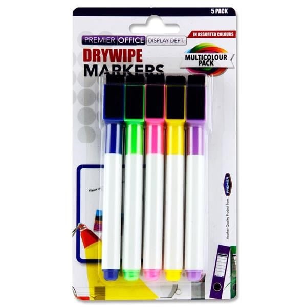 Concept Drywipe Markers Pack Of 5 With Eraser Lid - Assorted Colours - ABC School Supplies