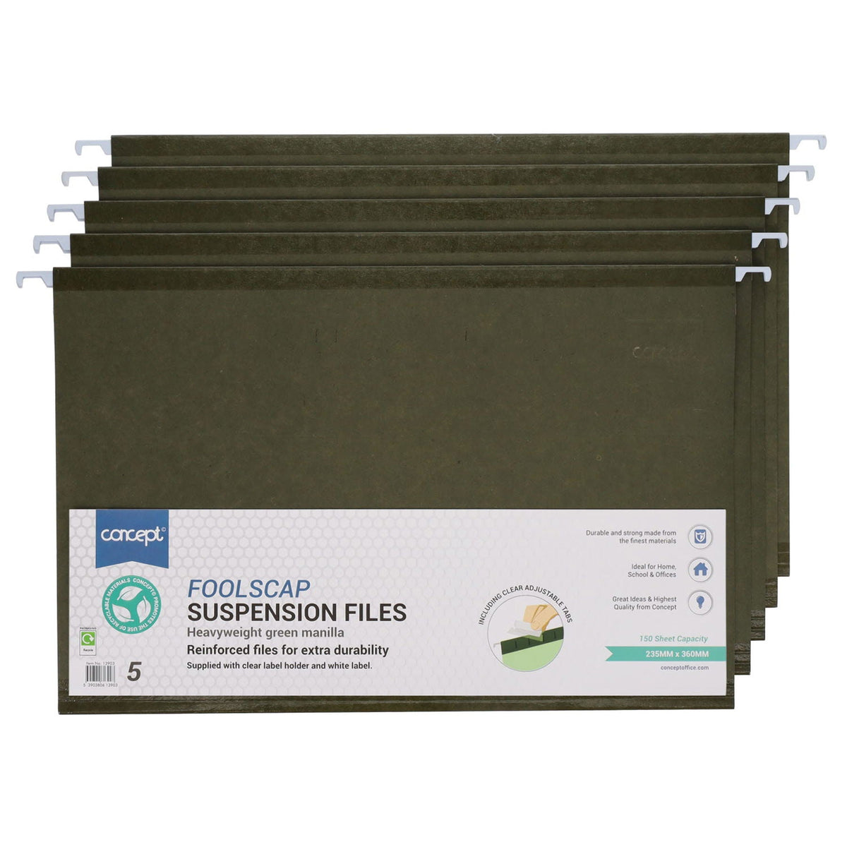 Concept Foolscap Reinforced Suspension Files - Green - Pack of 5 - ABC School Supplies