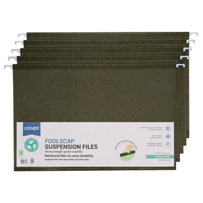 Concept Foolscap Reinforced Suspension Files - Green - Pack of 5 - ABC School Supplies