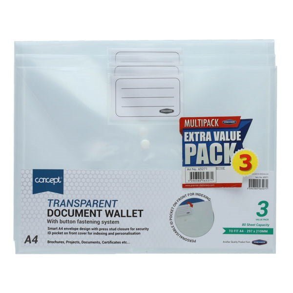 Concept Pack Of 3 A4 Clear Button Wallets - ABC School Supplies
