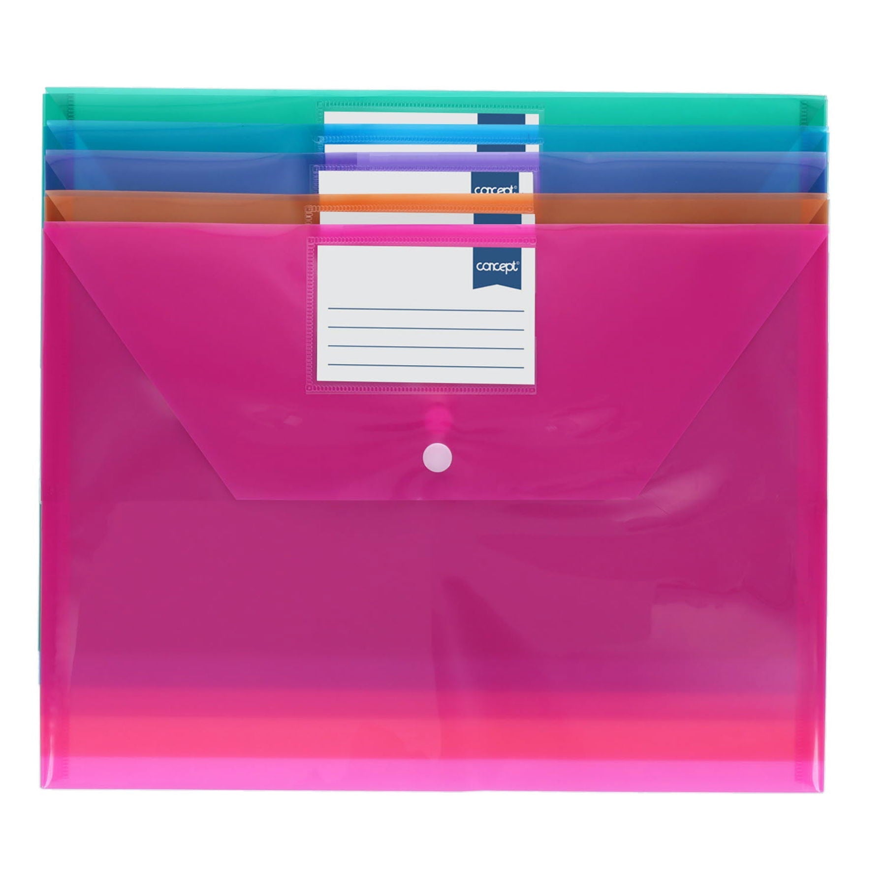 Concept Pack of 5 A4 Clear Coloured Button Wallets - ABC School Supplies