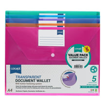 Concept Pack of 5 A4 Clear Coloured Button Wallets - ABC School Supplies