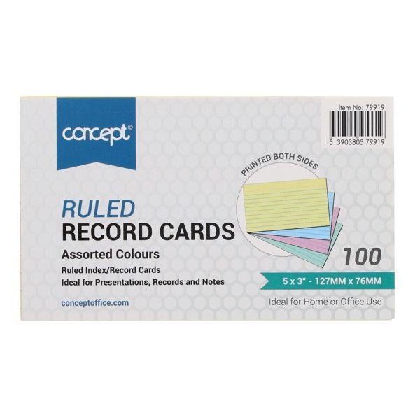 Concept Pkt.100 5" x 3" Ruled Record Cards Colour - ABC School Supplies
