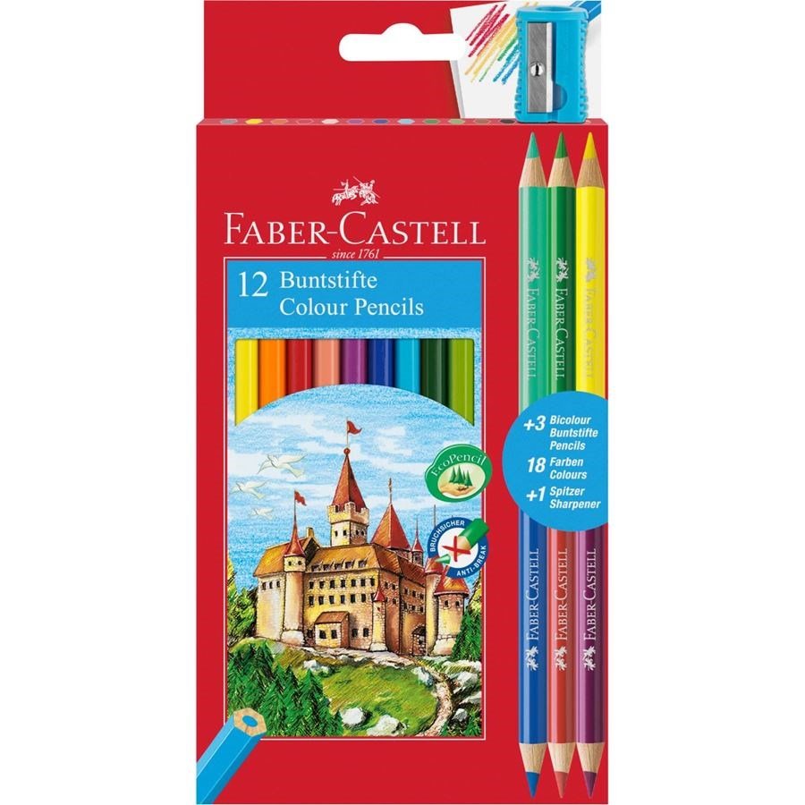 Faber Castell Eco Colouring Pencils (12), 3 Bi - Colour, Sharpener Free - ABC School Supplies