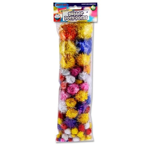 Glitter Pom Poms Assorted Pack of 100 - ABC School Supplies