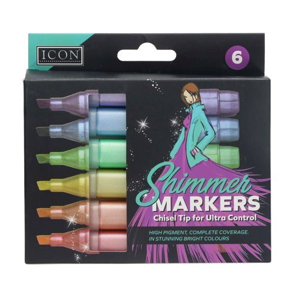 Icon 6 Pack Shimmer Markers Chisel Tip - ABC School Supplies
