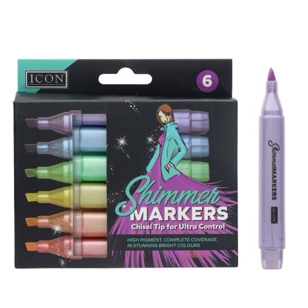 Icon 6 Pack Shimmer Markers Chisel Tip - ABC School Supplies