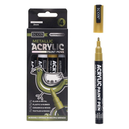 Icon Metallic Acrylic Paint Pens 3mm Pack of 4 - ABC School Supplies