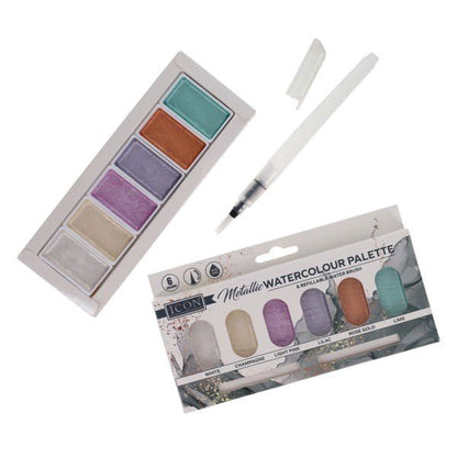 Icon Metallic Watercolour Palette & Refillable Water Brush - ABC School Supplies