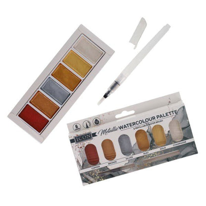 Icon Metallic Watercolour Palette & Refillable Water Brush - ABC School Supplies