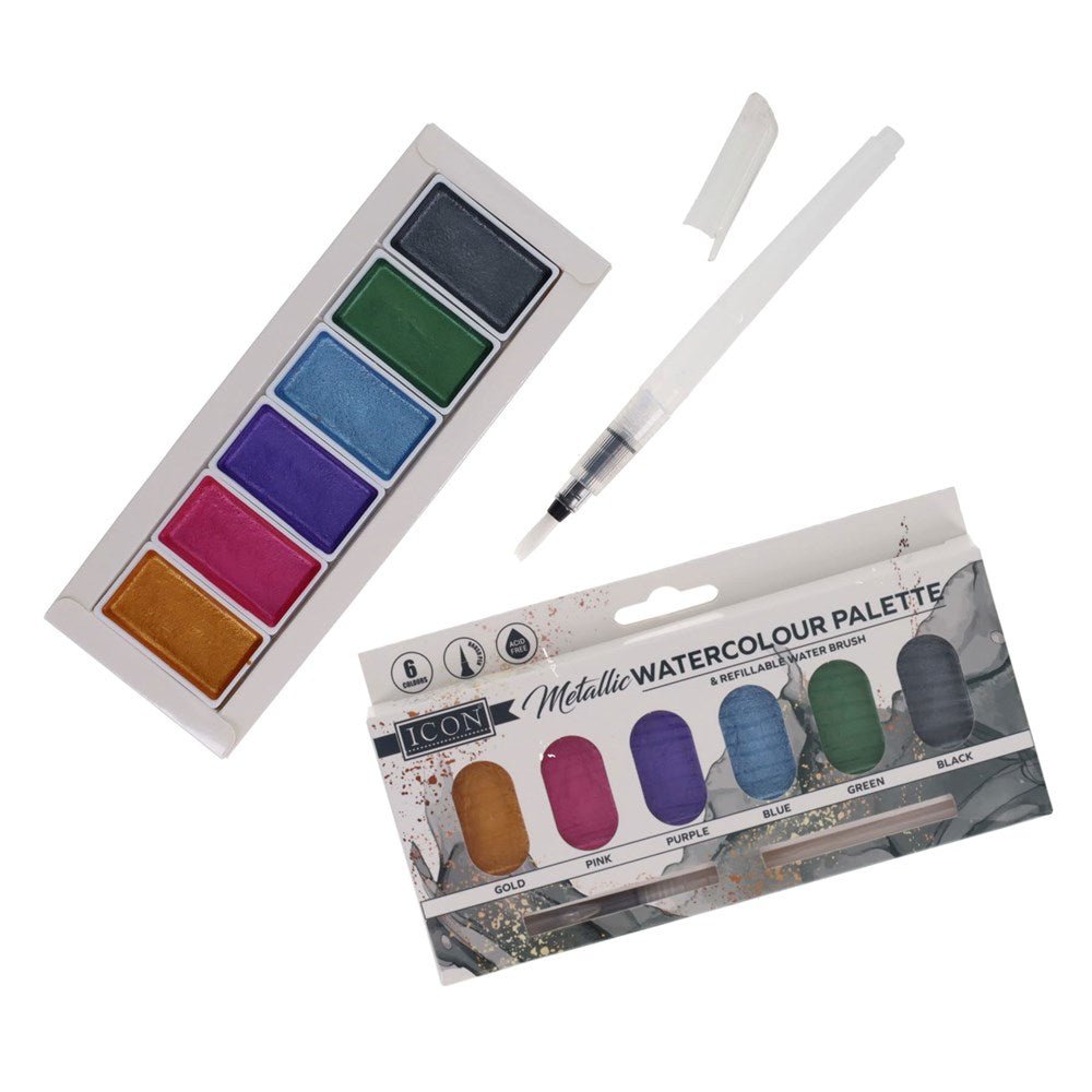 Icon Metallic Watercolour Palette & Refillable Water Brush - ABC School Supplies