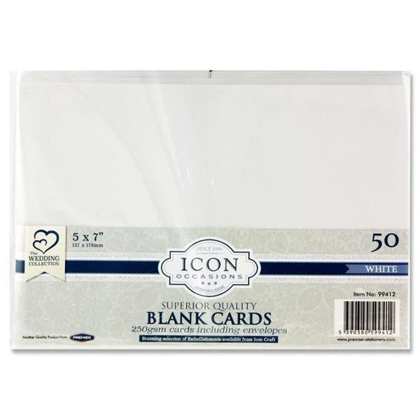 Icon Occasions Pkt.50 5"X7" 250gsm Cards & Envelopes - White - ABC School Supplies