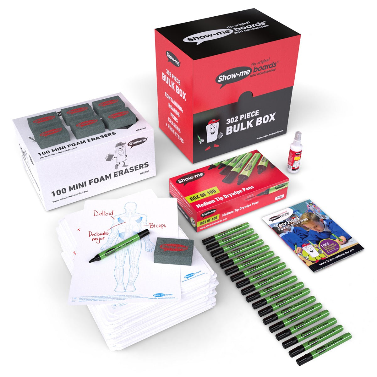 Show-Me Bulk Box Drywipe Board Pack, Pens & Erasers - Human Muscle, A4 100 Sets