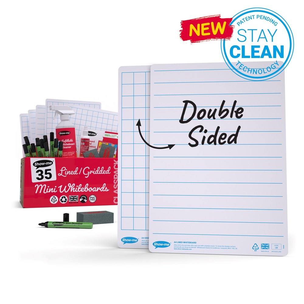Show-me® A4 Double Sided/Lined and Gridded Whiteboards, Pack of 35