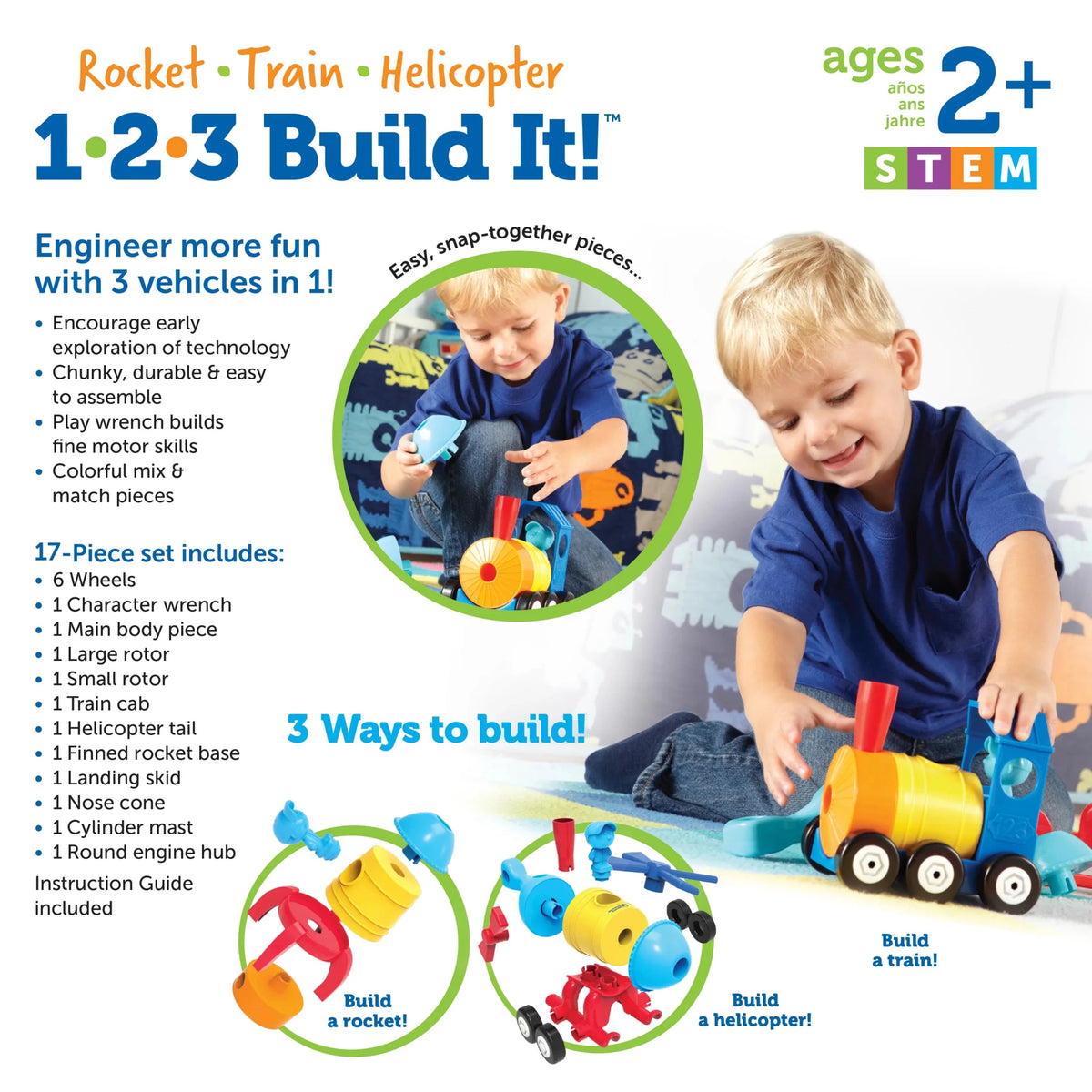 Learning Resources 1-2-3 Build It! Rocket-Train-Helicopter - ABC School Supplies