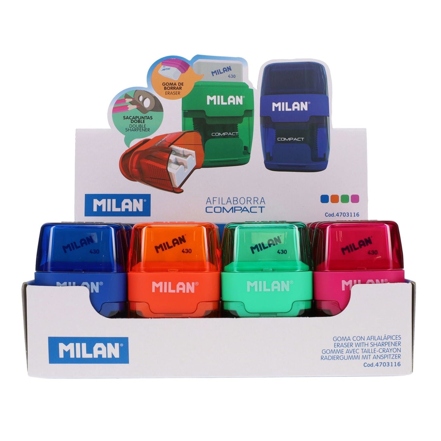 Milan Compact Twin Hole Sharpener & Eraser - ABC School Supplies