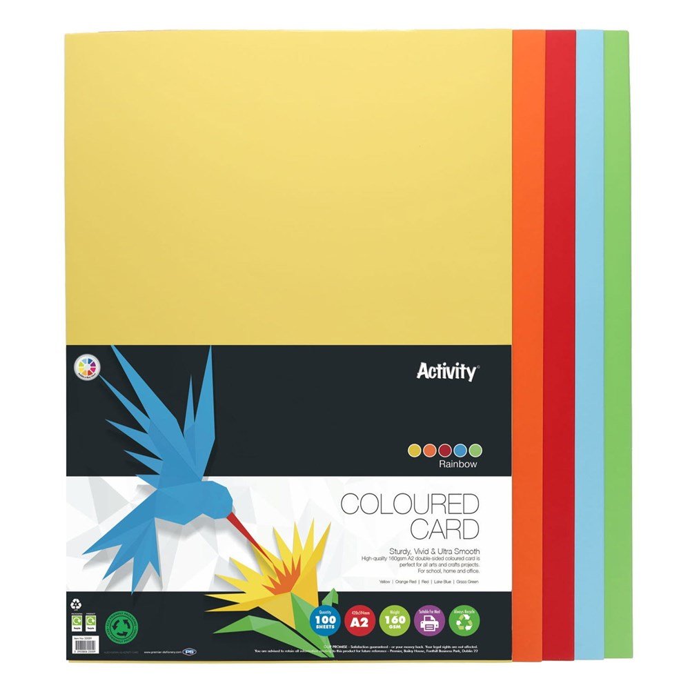 Premier A2 160G Activity Card Rainbow Assorted Colours (Pack Of 100 Sheets) - ABC School Supplies