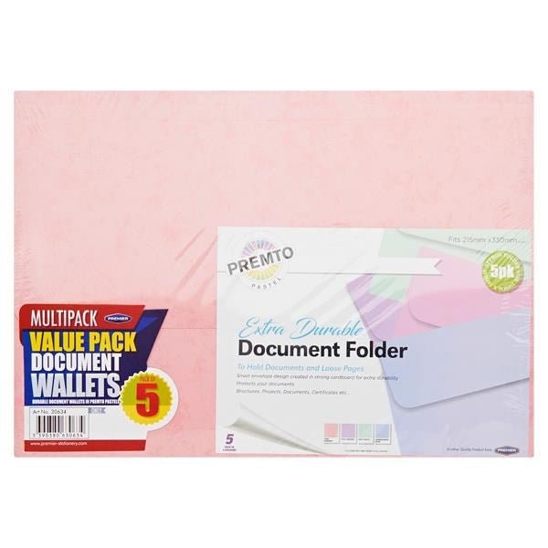 Premto A4 Document Wallets Pastel (Pack Of 5) - ABC School Supplies