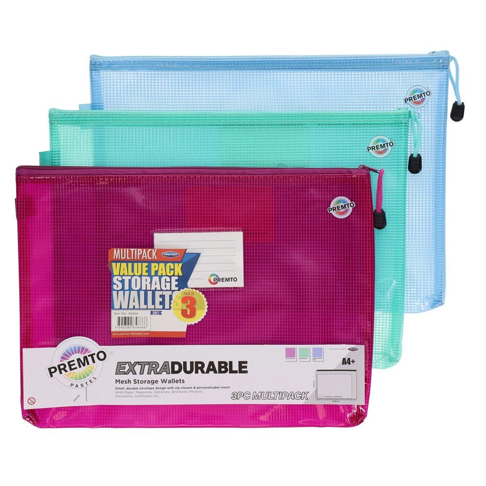 Premto A4+ Extra Durable Mesh Storage Wallet (Pastel Colours) Pack of 3 - ABC School Supplies