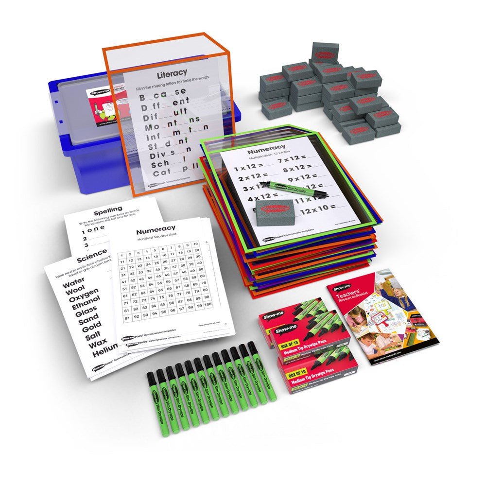 Show - Me A4 Drywipe Template Pockets, Pens, Erasers & Starter Templates, In Navy Tray - 30 Sets - ABC School Supplies