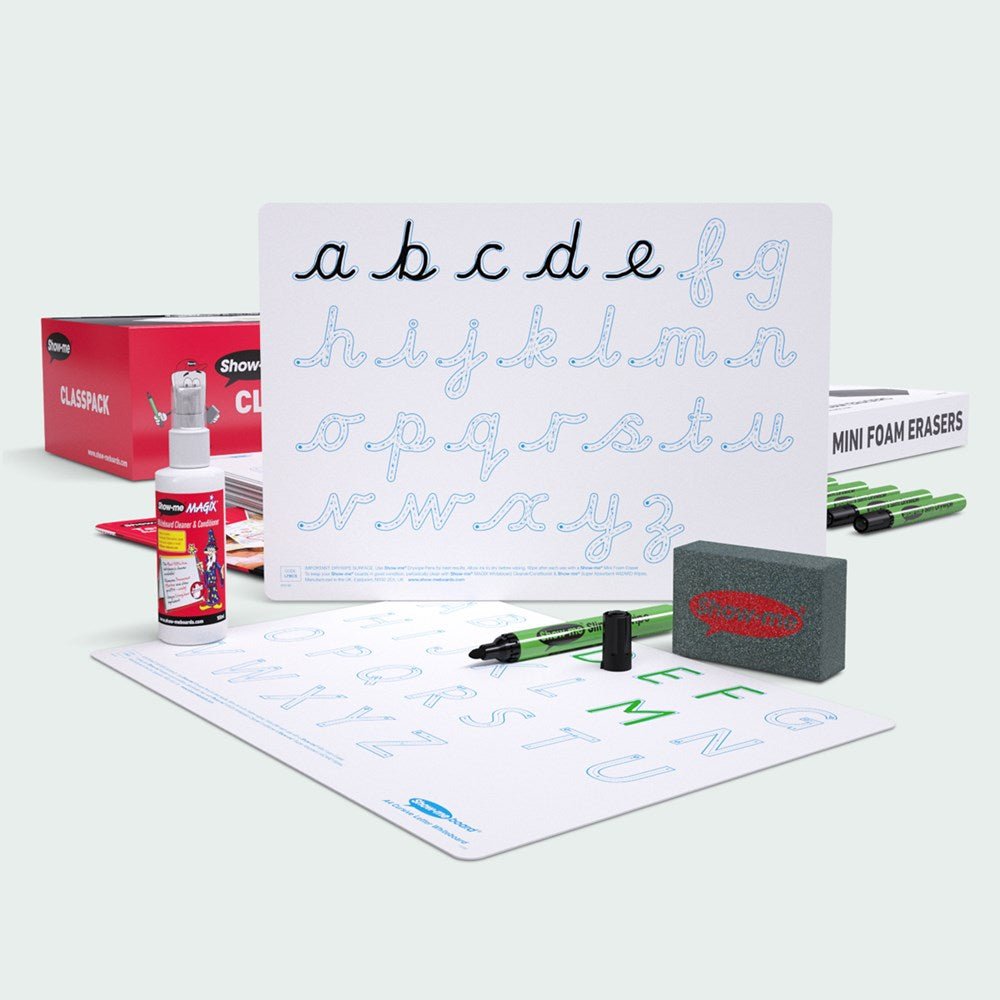 Show - Me Bulk Box Drywipe Board Pack, Pens & Erasers - Cursive Letter Formation, A4 - 100 Sets - ABC School Supplies