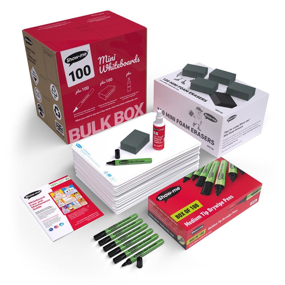 Show - Me Bulk Box Drywipe Board Pack, Pens & Erasers - Plain/Plain, A4 - 100 Sets - ABC School Supplies