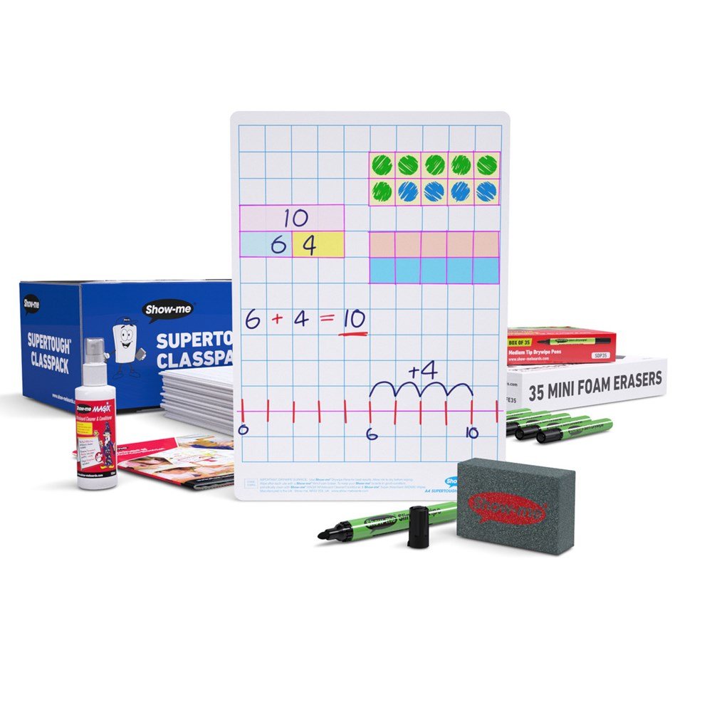 Show - Me Class Pack Drywipe Boards, Pens & Erasers - Gridded/Plain, Supertough, A4 - 35 Sets - ABC School Supplies