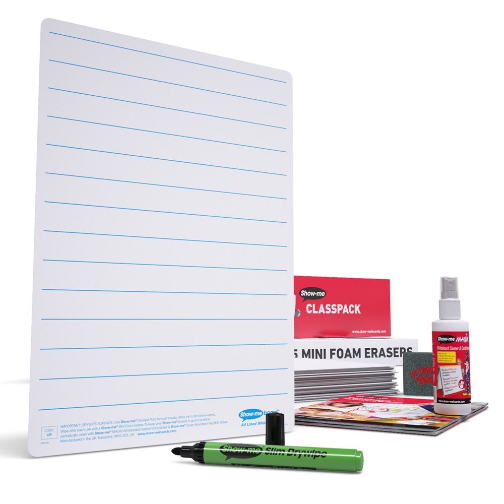 Show - Me Class Pack Drywipe Boards, Pens & Erasers - Lined/Plain, A4 - 35 Sets - ABC School Supplies