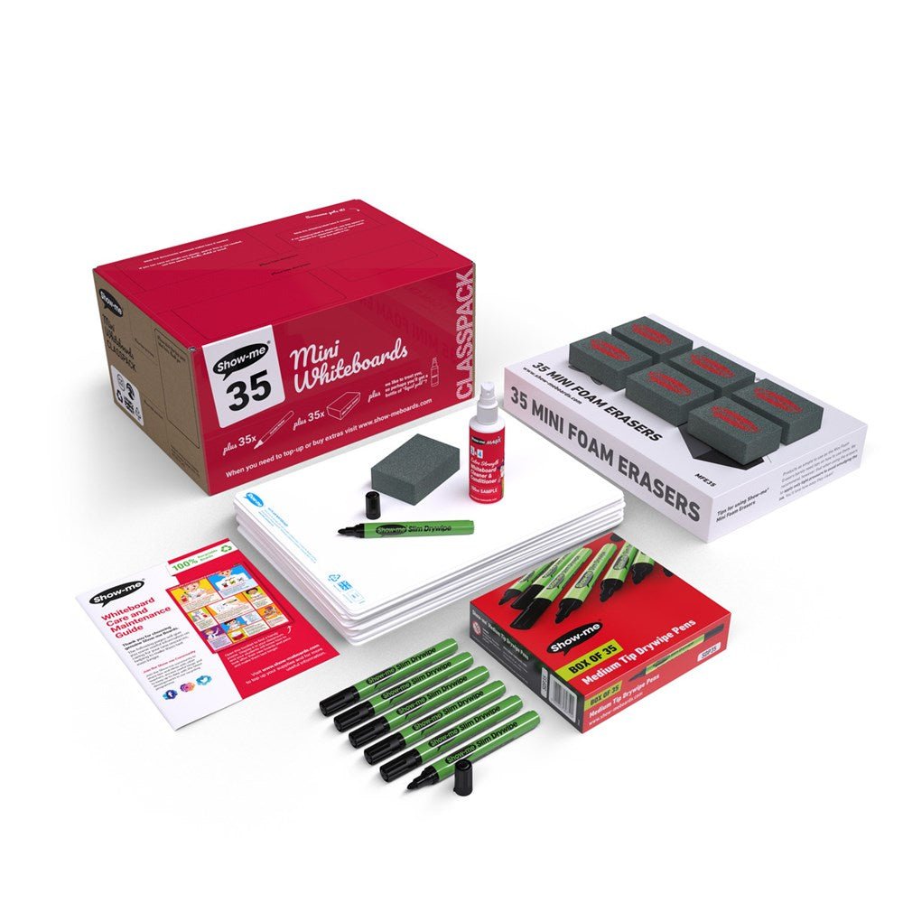 Show - Me Class Pack Drywipe Boards, Pens & Erasers - Plain/Plain, A4 - 35 Sets - ABC School Supplies