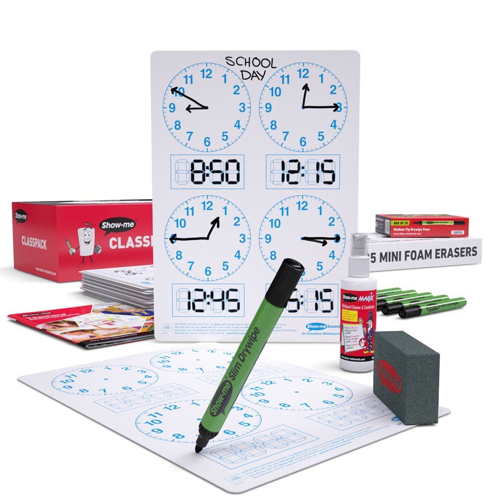 Show - Me Class Pack Drywipe Boards, Pens & Erasers - Telling The Time 4 Panel, A4 - 35 Sets - ABC School Supplies