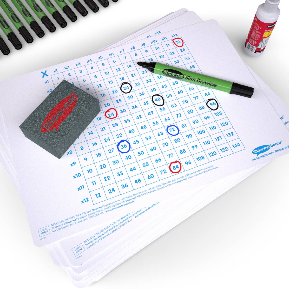 Show - Me Multiplication Gridded Drywipe Boards, Pens & Erasers (10 of Each) - ABC School Supplies