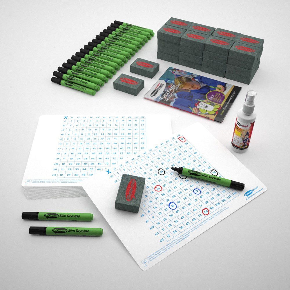 Show - Me Multiplication Gridded Drywipe Boards, Pens & Erasers (10 of Each) - ABC School Supplies