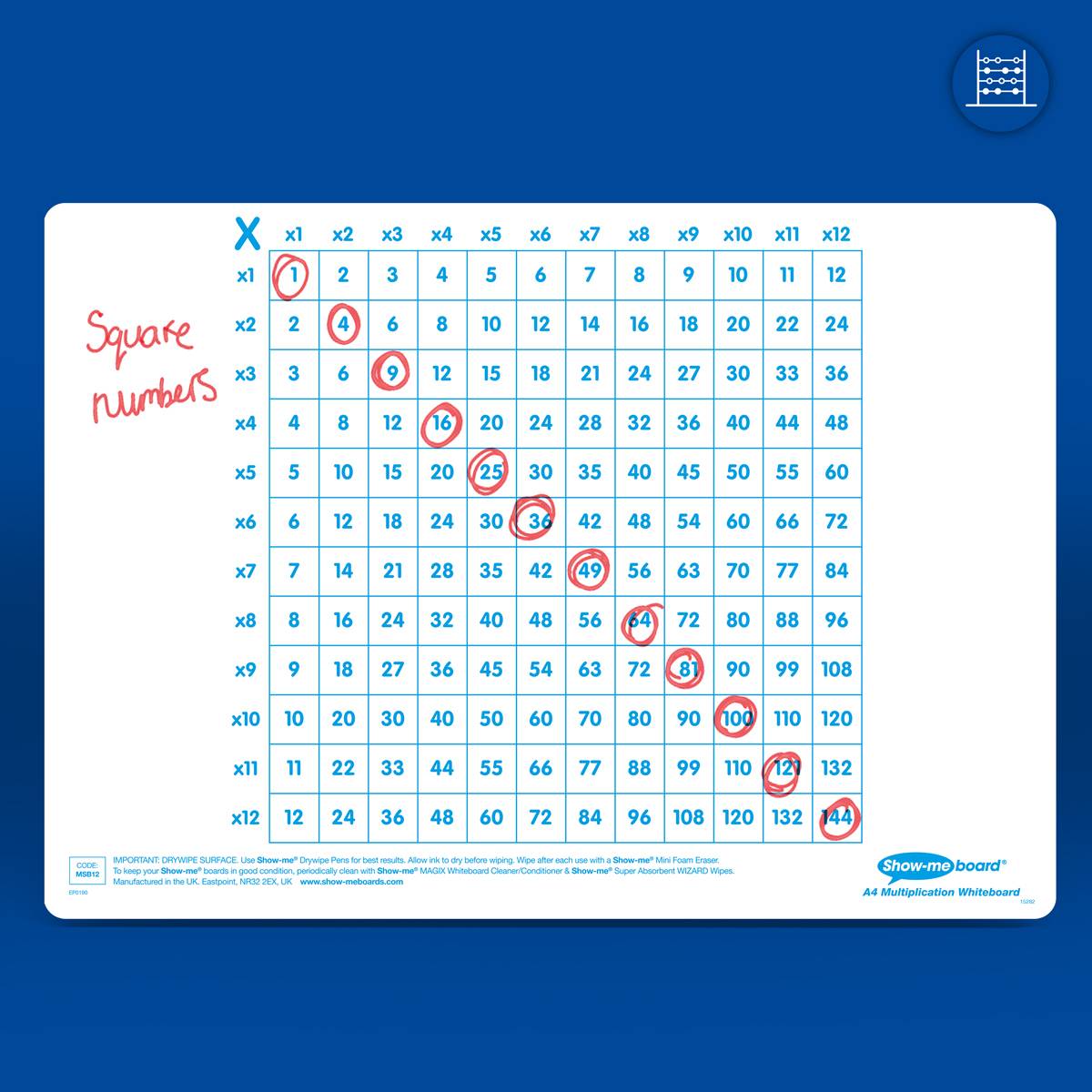 Show - Me Multiplication Gridded Drywipe Boards, Pens & Erasers (10 of Each) - ABC School Supplies