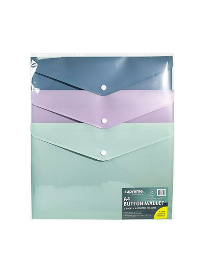 Supreme A4 Button Wallet Envelope (Soft Touch) Pack of 3 - ABC School Supplies