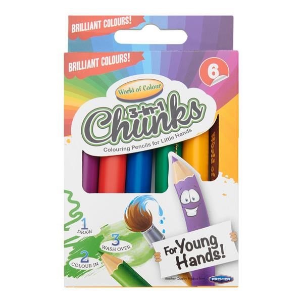 World Of Colour 3 - In - 1 Washable Chunks Pencils Pack Of 6 - ABC School Supplies