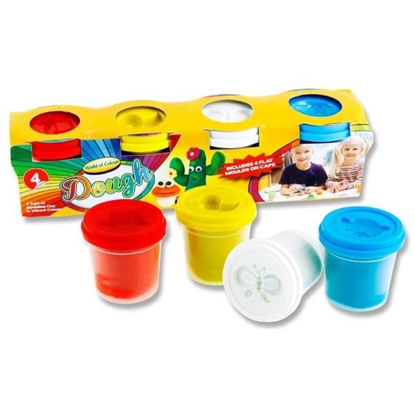 World Of Colour Play Dough With Mould Lids (4X140G Pots) Purple, Pink, Orange & Green - ABC School Supplies