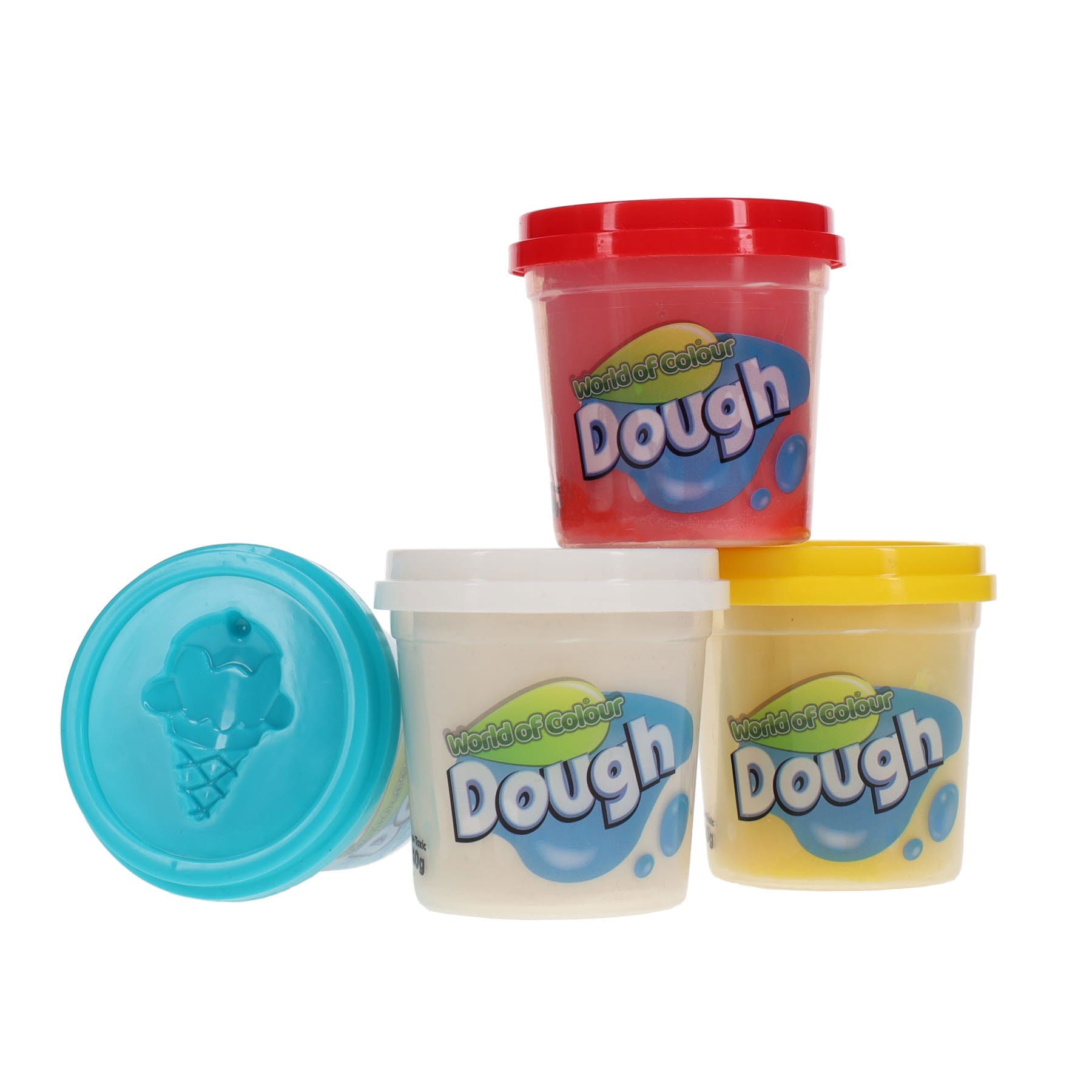 World Of Colour Play Dough With Mould Lids (4X140G Pots) Red, Blue, White & Yellow - ABC School Supplies