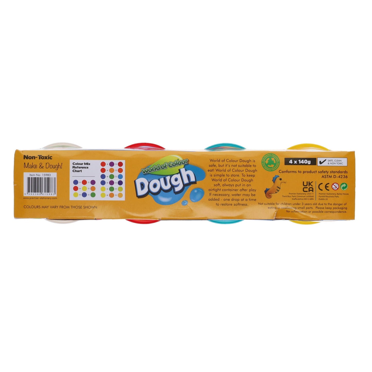 World Of Colour Play Dough With Mould Lids (4X140G Pots) Red, Blue, White & Yellow - ABC School Supplies