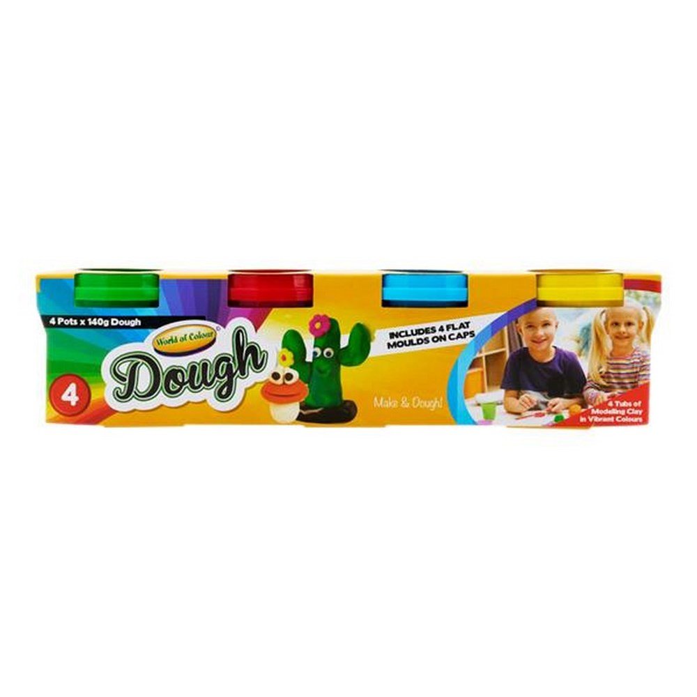 World Of Colour Play Dough With Mould Lids (4X140G Pots) Yellow, Blue, Red & Green - ABC School Supplies